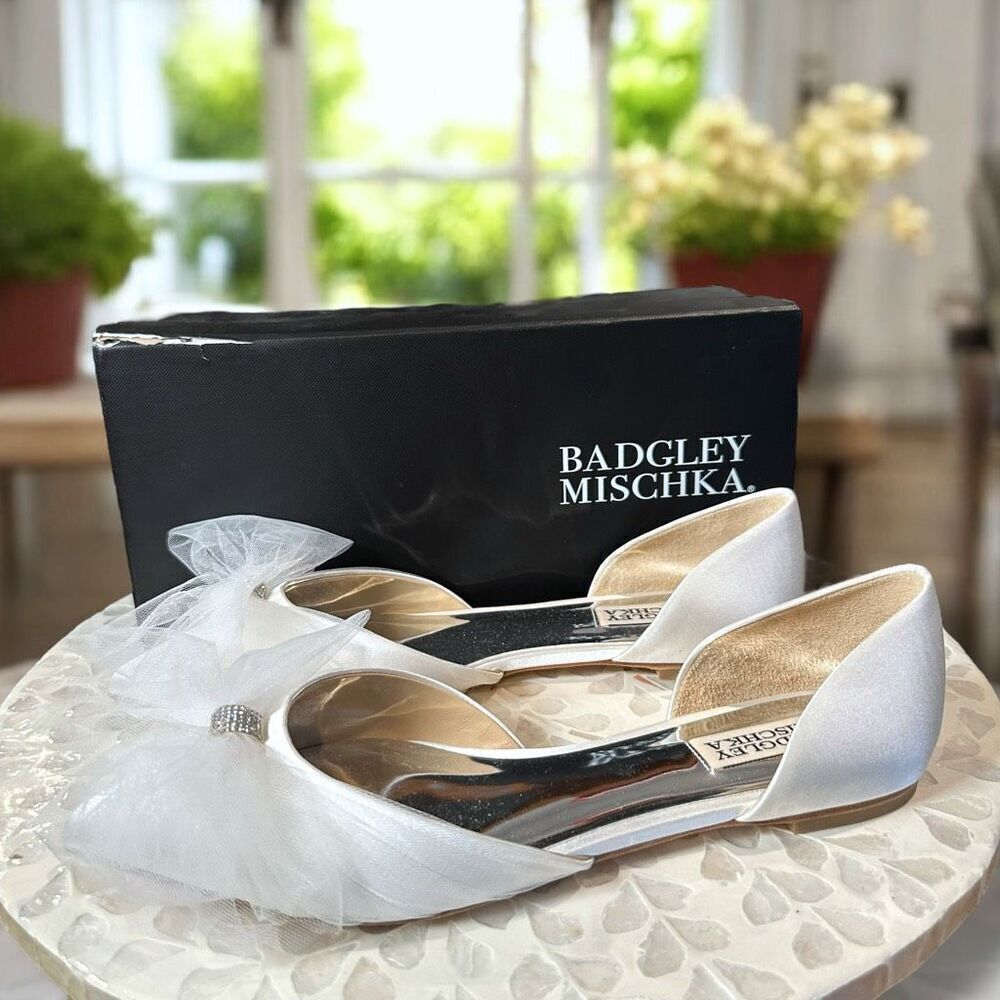 Badgley Mischka Fergie Bridal Ballet Flats Ivory Tulle Bow Pointed Toe D’Orsay S - Picture 5 of 13